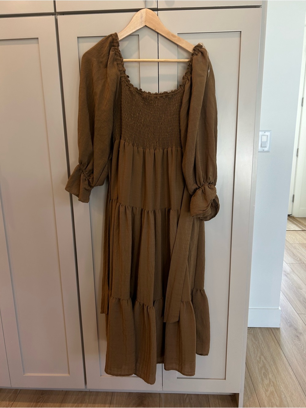 Smocked Tiered Midi Dress in Brown